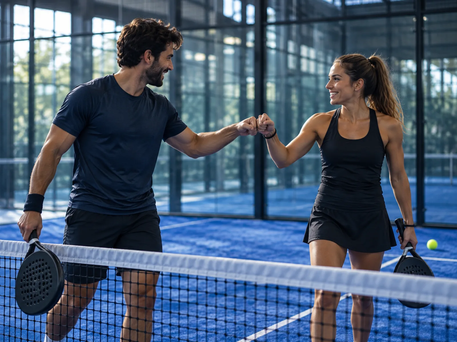 Two padel players fist-bumping at the net after winning a point